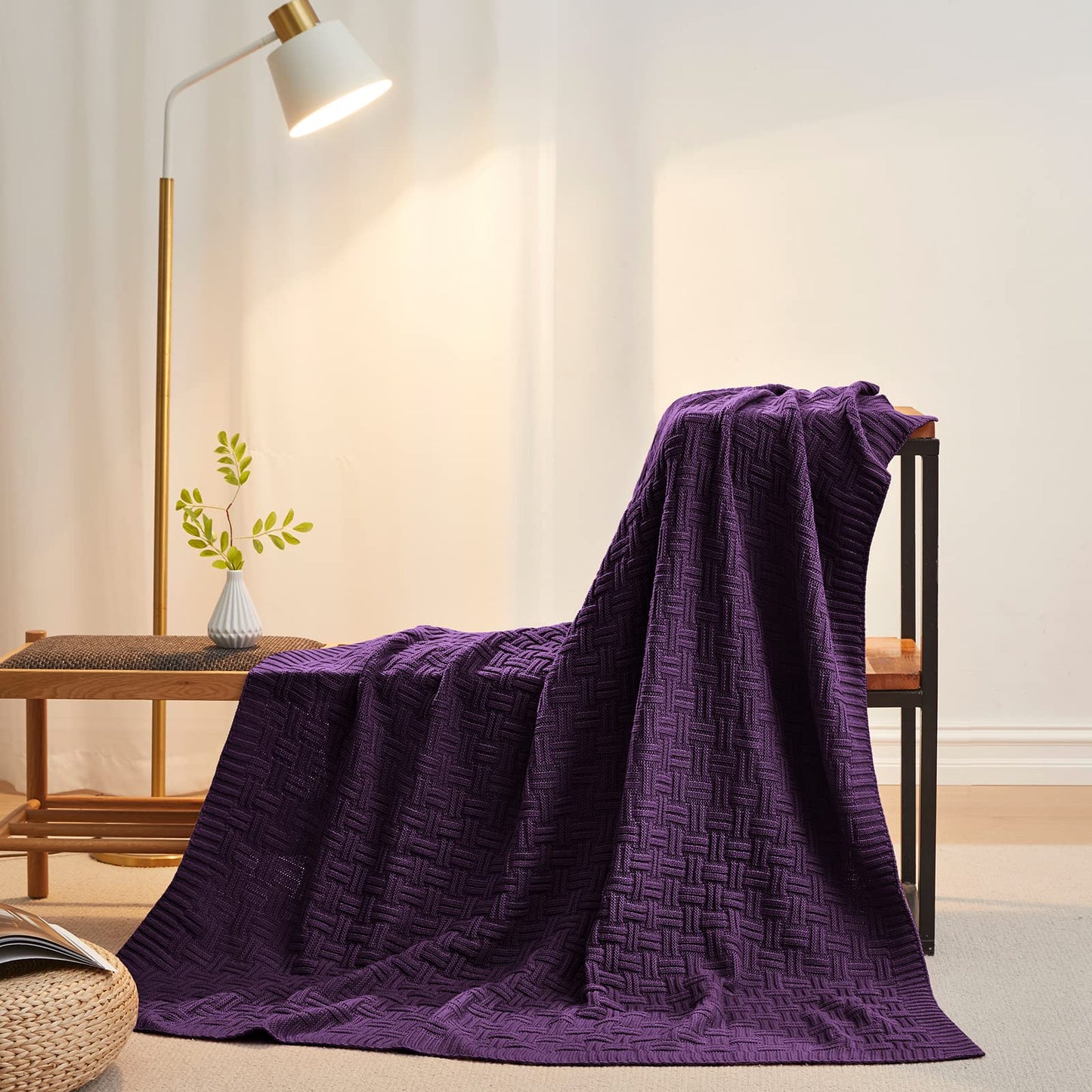Aormenzy Soft Cozy Acrylic Throw Blanket, Cable Knit for Couch, Dark Purple (1.7lb)