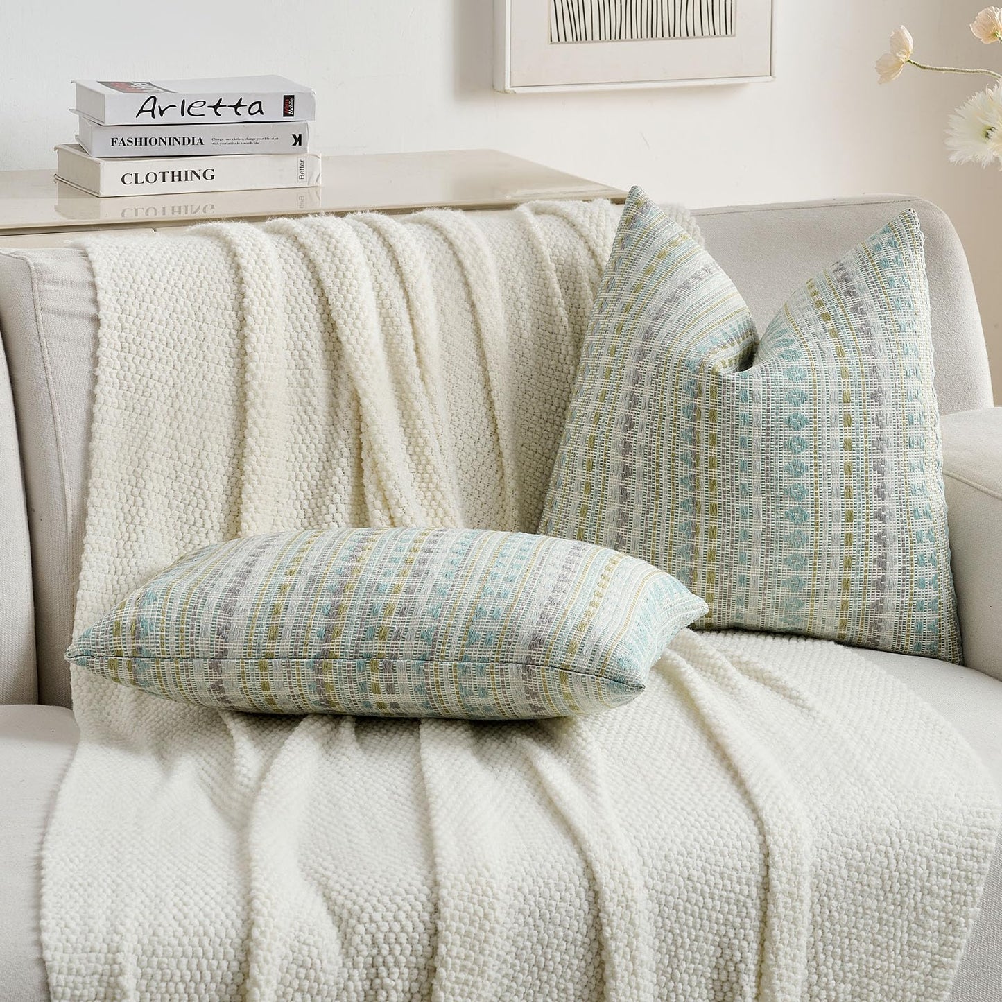FUTEI Pack of 2 Chenille Jacquard Throw Pillow Covers 18x18 Inch Soft Cozy Woven Embroidery Decorative Cushion Case Boho Farmhouse Accent for Couch Bed Living Room, Green Blue
