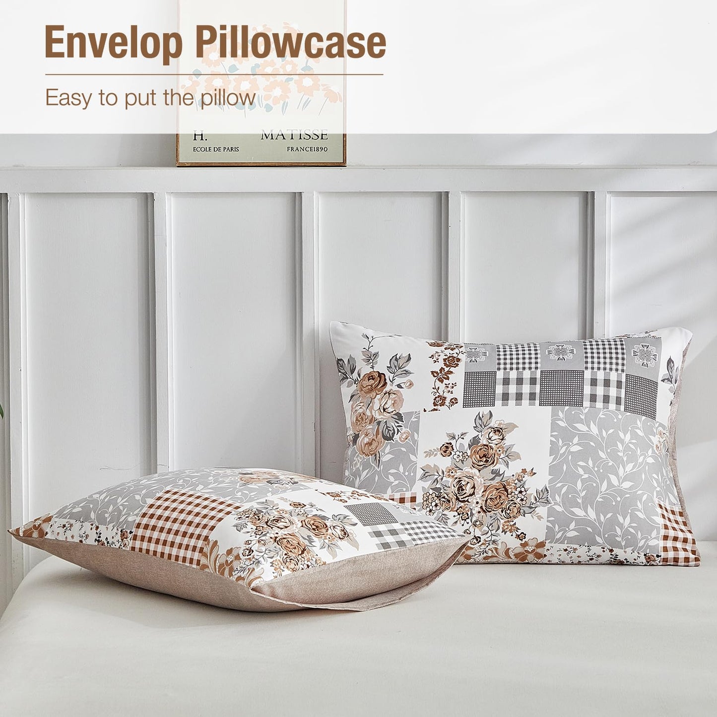 Lekesky King Size Duvet Cover Set, Patchwork Floral 3 Pieces Reversible Grey Duvet Cover Set, Ultra-Soft Microfiber 3 Pieces Comforter Cover with Zipper and Corner Ties, Includes 2 Pillowcases