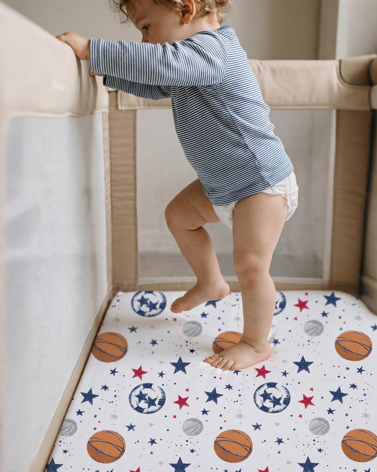 Nyessmee Pack and Play Sheets for Boys Girls, 38" x 26" Mini Crib Sheets Fitted for Pack n Play Mattress, Soft Breathable Playard Sheets, 2-Pack Blue Basketball
