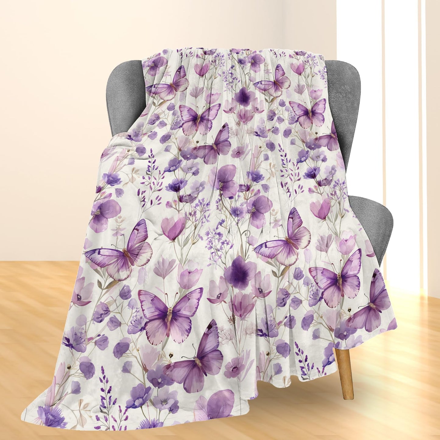 Ti Caldi Elegant Purple Butterfly and Floral Blanket, Soft Flannel Throw Blanket for Couch, Bed, Travel, Living Room & Home Decor, Lightweight Cozy Warm Fuzzy Blankets for Adults Women Girls 60×50 in