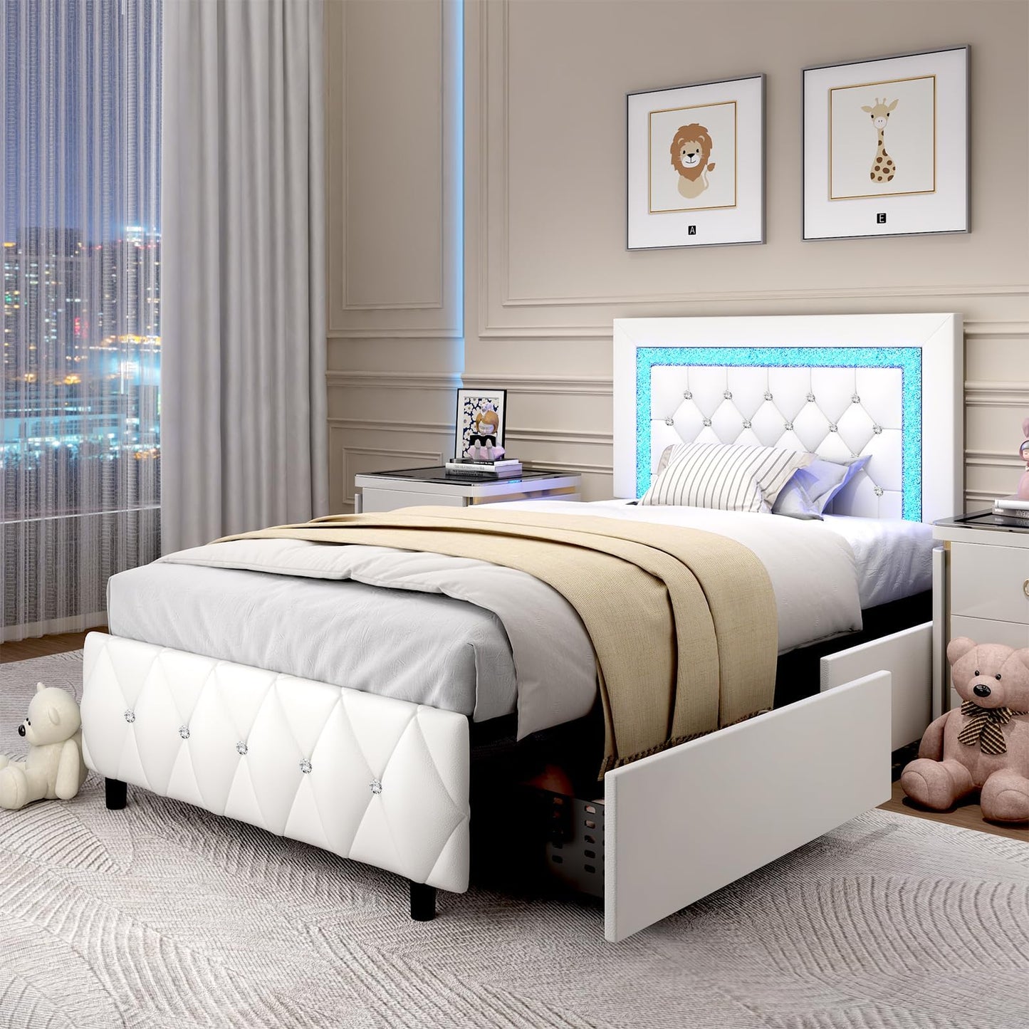 BarnFurin Twin Bed Frames with Storage Drawers and LED Lights, Upholstered Bed with Crystal Tufted Headboard, Princess Platform Bed with Wooden Slats Support, No Box Spring Needed, White