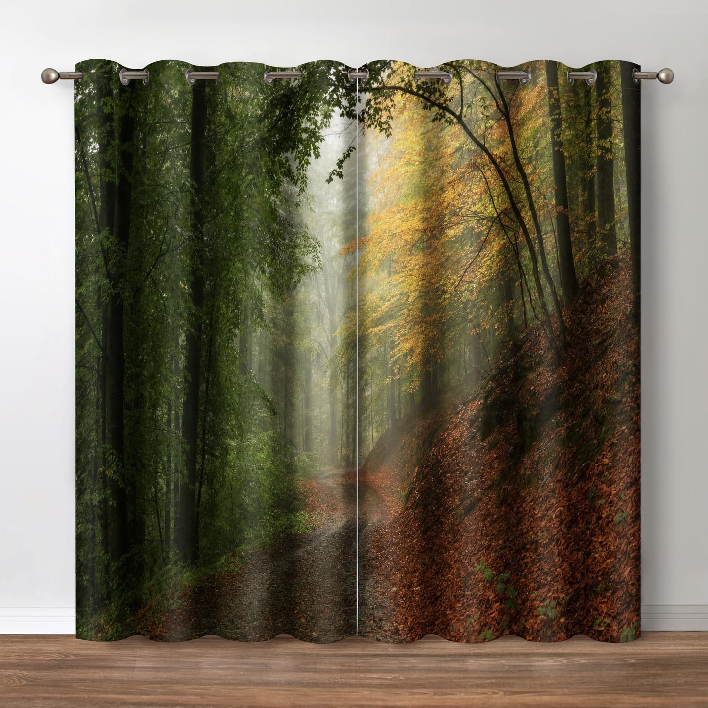 Jekeno Mountain Forest Blackout Curtains Misty Foggy Nature Scenery Mountain Woodland Trees Landscape Grommet Top Drapes Decor Bedroom Living Room Darkening Window Treatments 2 Panels Set, 52"x 84"