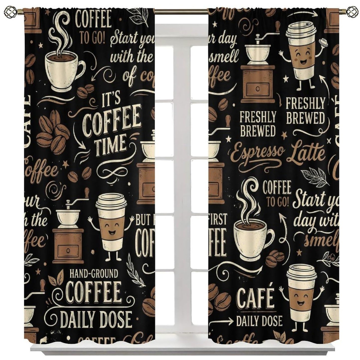 PHTAYOT Coffee Curtains Brown Beans Cups Abstract Letters Afternoon Tea Theme Pattern Blackout Window Drapes for Kitchen Living Room Bedroom,42x54 Inch,2 Panels