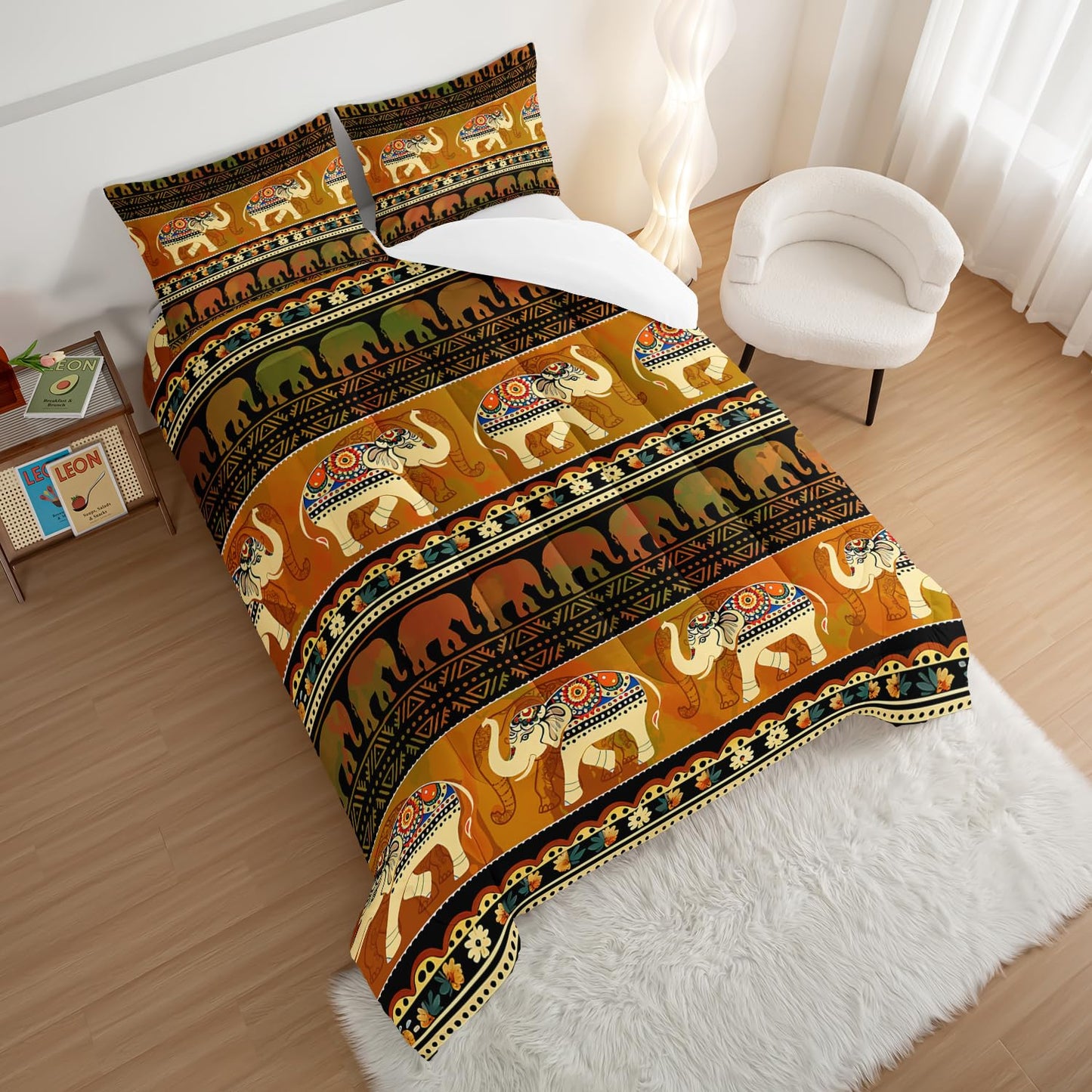 HOSIMA Western Bedding Sets Elephant Queen Comforter Set 3 Pieces,Brown Mandala Bedding for Teens Boys Girls Western Room Decor,Fluffy Lightweight Animal Boho Bedding with 2 Pillowcases.