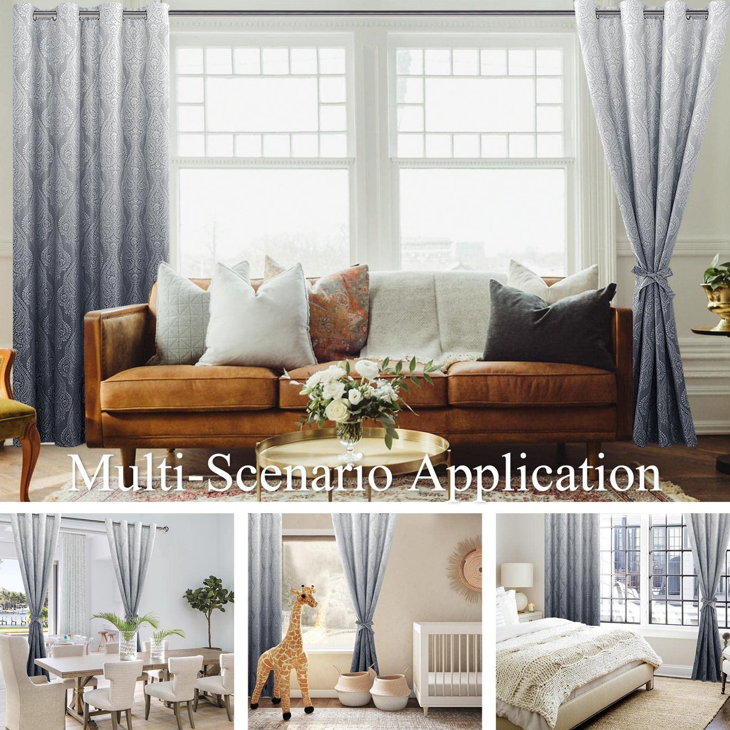 JIUZHEN Grey Ombre Blackout Curtains for Bedroom– Damask Patterned Thermal Insulated Noise Reducing Grommet Curtains with Tiebacks, 42 x 63 Inches, Set of 2 Window Curtain Panels