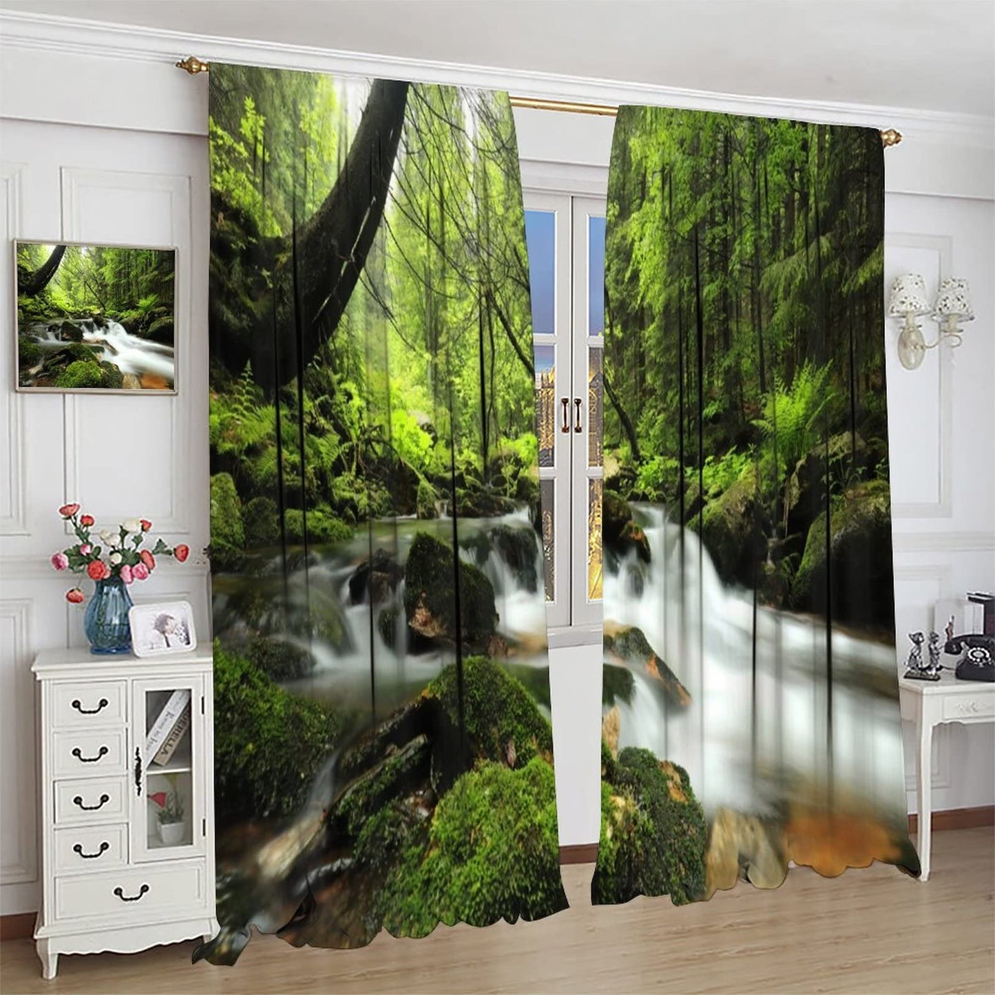Forest Waterfall Curtains, Spring Nature Landscape Theme in Tropical Forest, Blackout Decorative Curtains for Bedroom Living Room, 2 Panel Set, 42X45 Inch