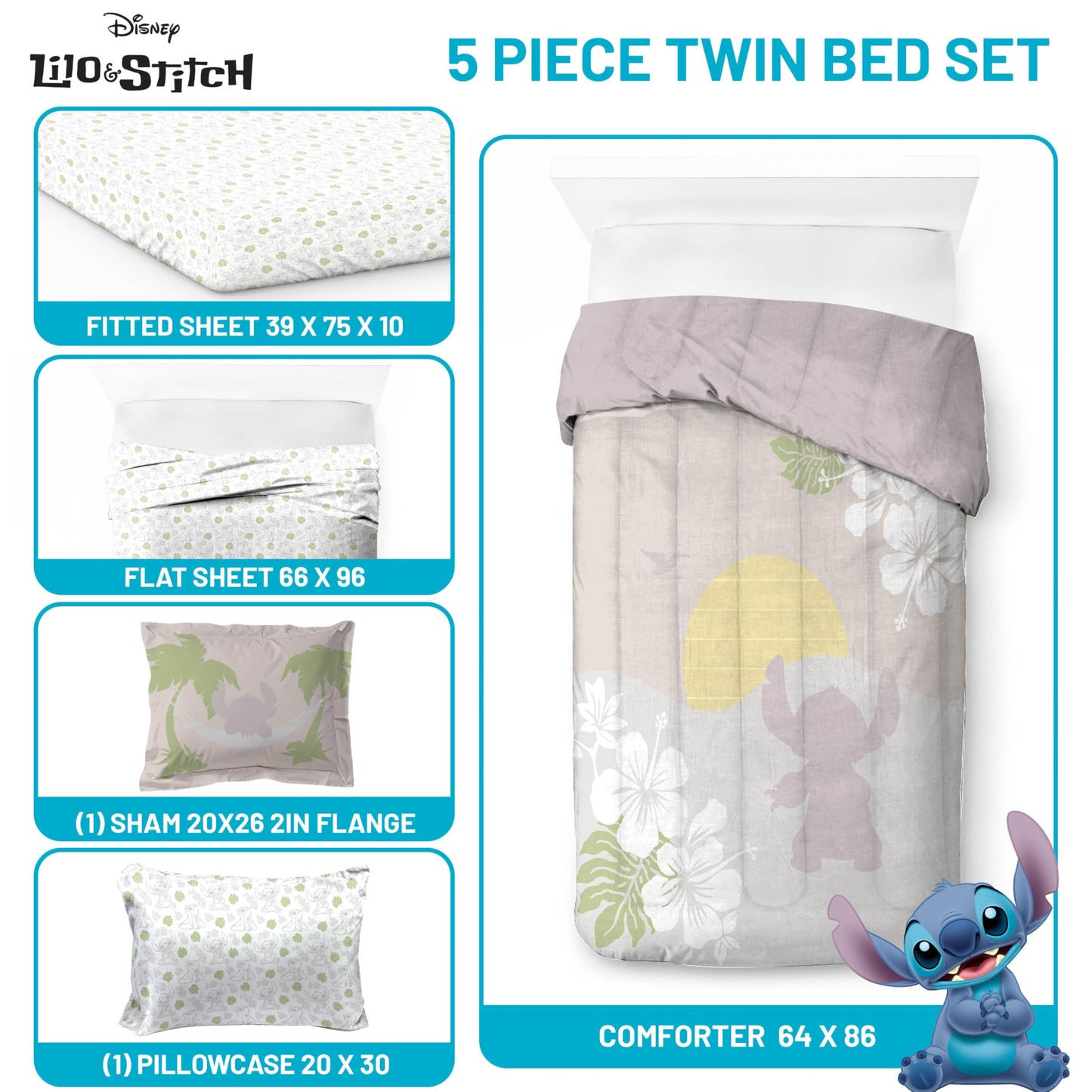 Jay Franco Disney Lilo and Stitch Twin Size Comforter Set - 5 Piece Bedding Includes Sheet Set & Pillow Covers - Super Soft Cozy Bedding