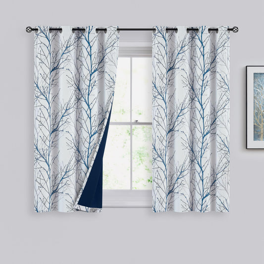 FMFUNCTEX 100% Blackout Curtains for Bedroom, Blue White Tree Branch Curtains 54 Inches Long for Living Room, Short Thermal Insulated Window Drapes for Basement, Small Windows 2 Panels Grommet Top