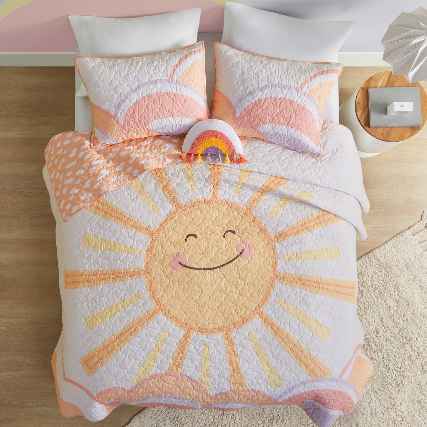 Intelligent Design Kids Queen Bedding Set Cotton Sun Full Size Quilt Sets for Girls Rainbow & Clouds Reversible Queen Coverlet Dawn Light & Breathable Sham Throw Pillow Full/Queen Yellow/Coral 4 Piece