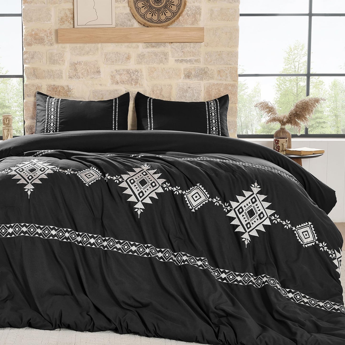 Baskbed Black Boho Embroidered Comforter Set Queen, 3 Piece Western Shabby Chic Bedding, Ultra Soft Fluffy Microfiber Comforter with 2 Pillowcases, All Season & Oeko-TEX Certified