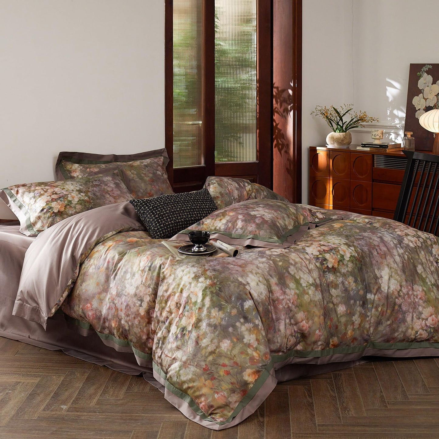 VM VOUGEMARKET Garden Flower Duvet Cover Set Queen,3 Pieces Pink Floral Duvet Cover with 2 Pillow Shams Smooth Silky Long Staple Cotton Bedding Set-Queen,90x90 Inch