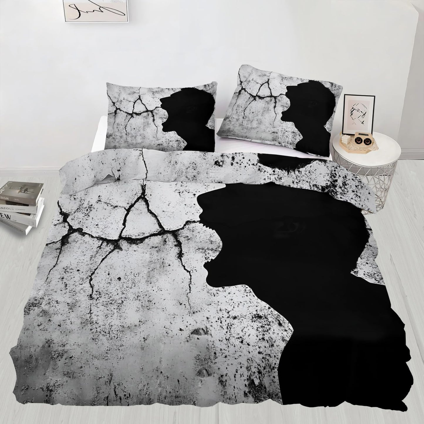 PAISUOQ Abstract Duvet Cover Full, Funny Man Bedding, Black & Gray Comforter Cover with 2 Pillow Cases, 3 Pieces with Zipper & Ties, Bedroom Decor & Gifts