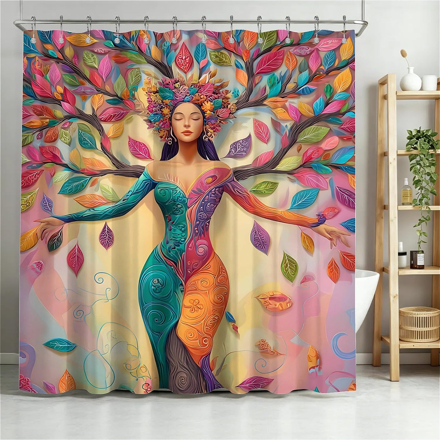 TANGXUNFA Colorful Tree Woman Shower Curtain for Bathroom, Water-Resistant Long Shower Curtain Set 72x72 Inch with Metal Grommets and 12 Metal Hooks