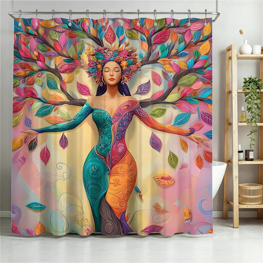 TANGXUNFA Colorful Tree Woman Shower Curtain for Bathroom, Water-Resistant Long Shower Curtain Set 72x72 Inch with Metal Grommets and 12 Metal Hooks