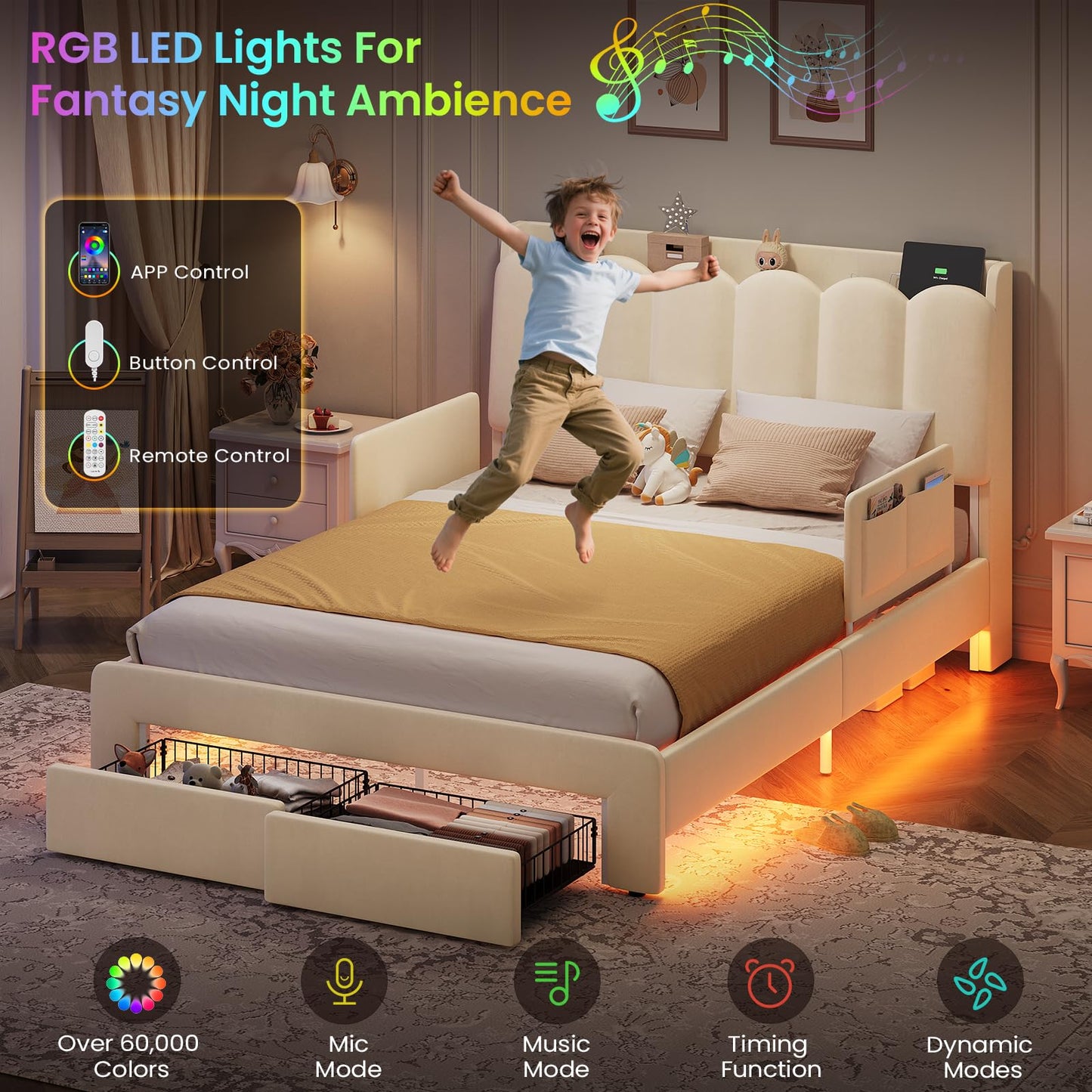DICTAC Full Size LED Bed Frame with Storage Drawer and Safety Guardrails, Velvet Upholstered Platform Bed for Kids with Chic Wavy Storage Headboard, Charging Station, Heavy Duty Metal Support, Beige