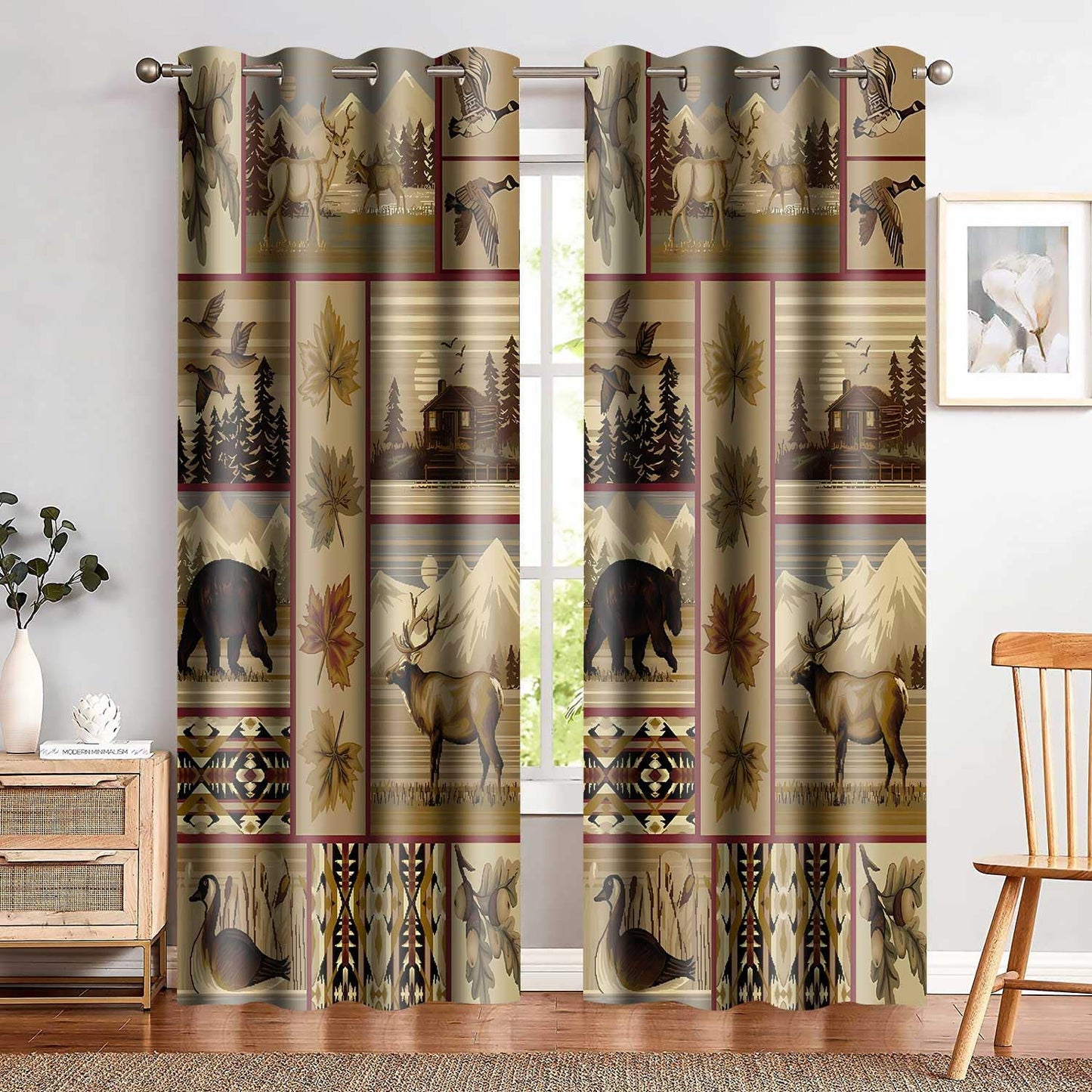 MIZSYE Retro Rustic Blackout Curtains Wildlife Bear Deer Farmhouse Chalet Snowy Mountain Plaid Window Drapes Insulated Blackout Privacy Curtain for Bedroom Living Room Dining Room 2Plates 42x84inch