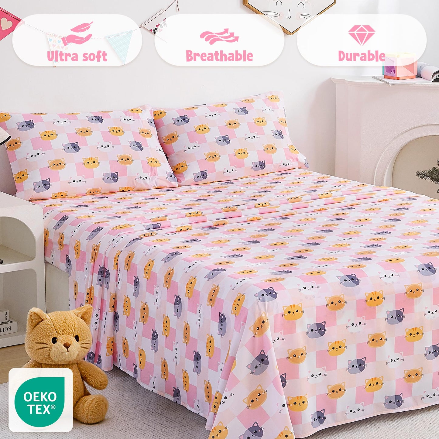 CozySmile Full Sheet Set Kids,4 Pieces Breathable Soft Microfiber Bedsheets for Child Girls, Oeko-TEX, Anti Pilling Deep Pockets Easy Care Bed Sheets, Cat Plaid