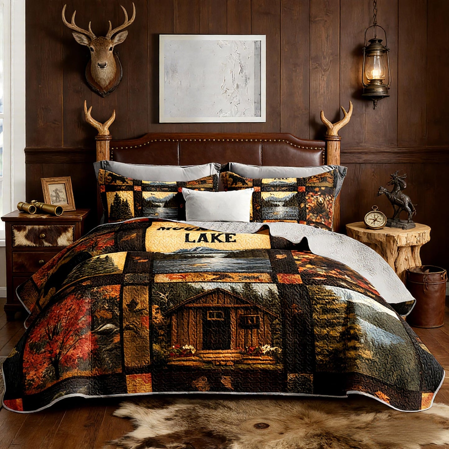 UEVBF Country Cabin Quilts King Size,Bear Forest Bedding Set for Room Decor,3-Piece Lightweight All Season Quilt Set,Countryside Bedding with 2 Pillowcases.