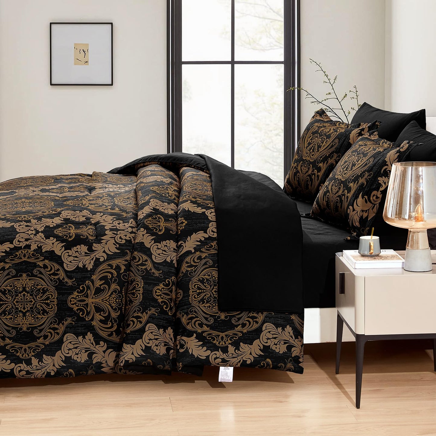 WONGS BEDDING Black Comforter Set Queen Size, Gold Damask Texture 7 Pieces Bed in a Bag Microfiber Comforter Bedding Sets -1 Comforter, 1 Flat Sheet, 1 Fitted Sheet, 2 Pillow Shams, 2 Pillowcases