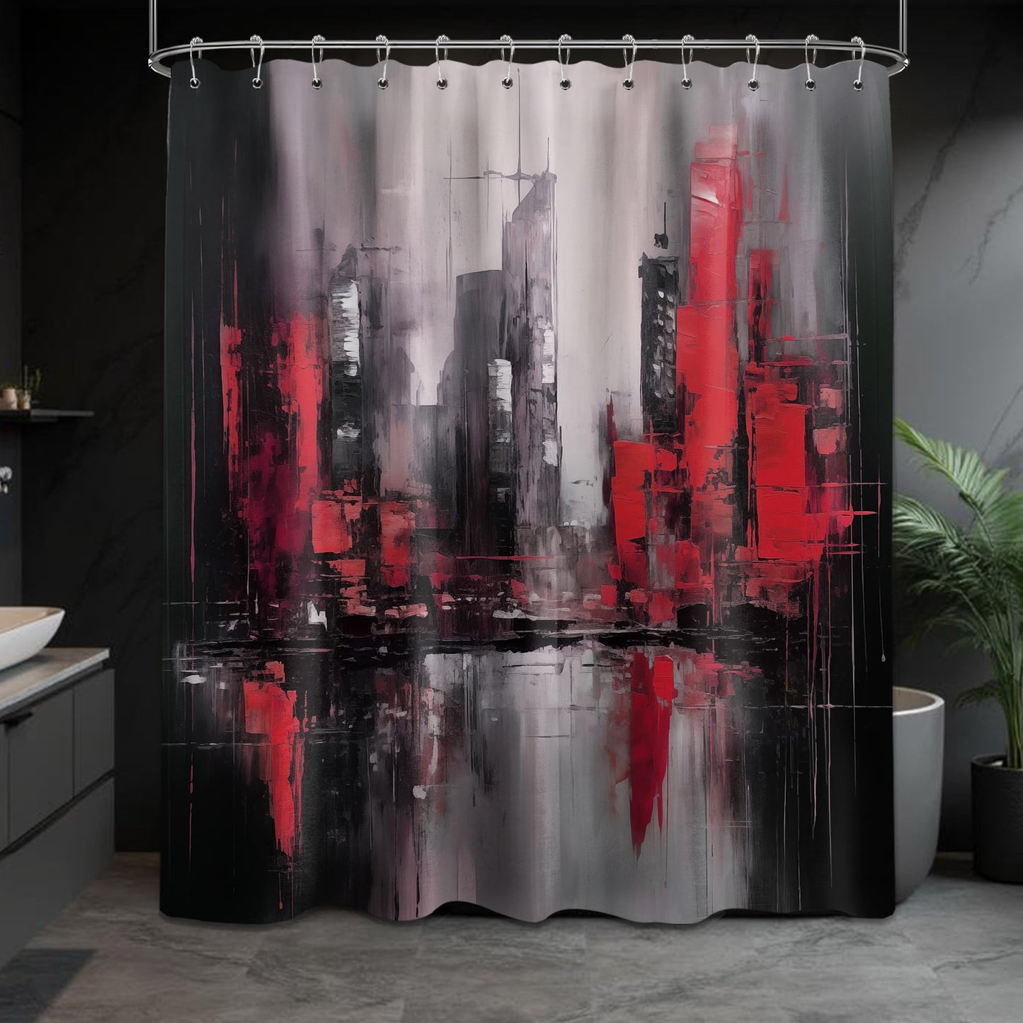dueeia Red and Black Abstract Shower Curtain, Dark Red, 70 x 72 inch