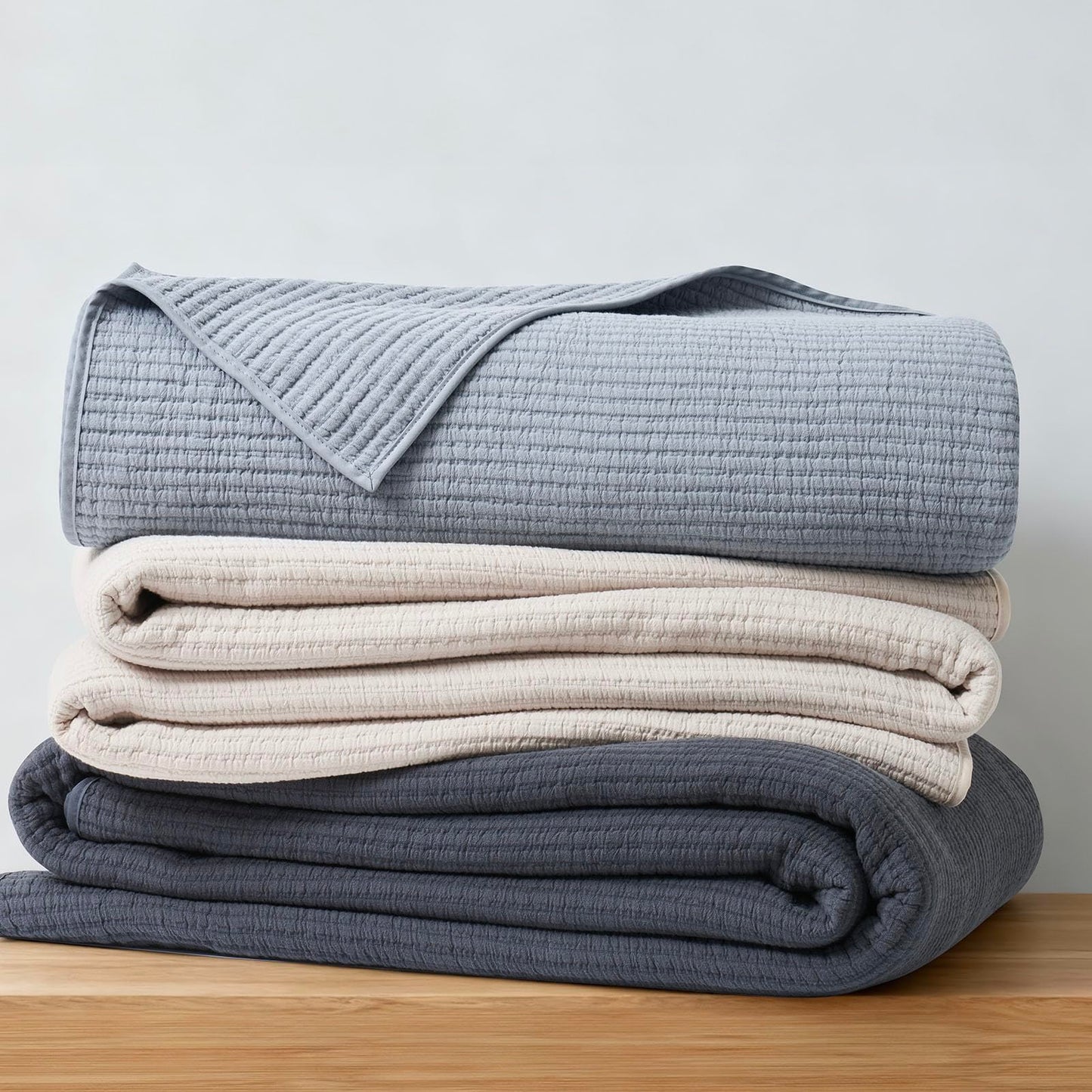 EVERGRACEHOME Cotton Coverlet Set Full Queen Size 3 Pieces, Lightweight Soft Ribbed Matelassé Bedspread Quilt Set, Cozy Oversized Quilted Bedding Set with 2 Pillow Shams for All Seasons, Blue Linen