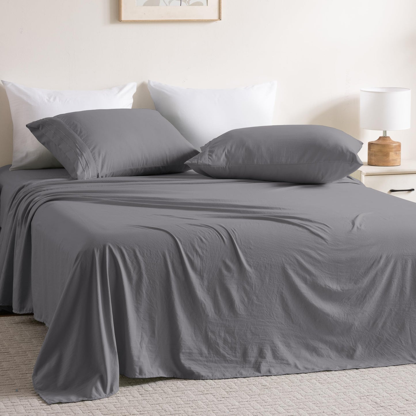 Ranunculus 3 Piece Washed Twin Bed Sheet Set, Fitted Sheet Twin Size & Bedsheet & Pillowcase, Soft Brushed Microfiber - 16 inches Deep Pocket, Breathable, Fade Resistant,Easy Care (Dark Grey,Twin)