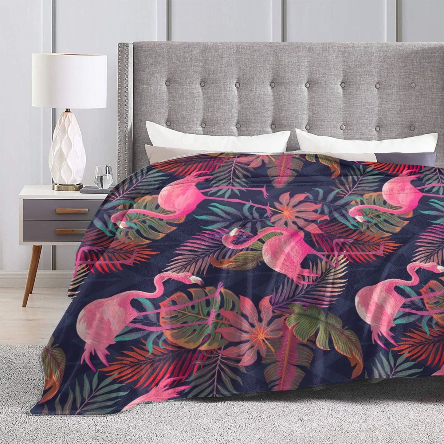 Perinsto Tropical Flamingos with Palm Leaves Throw Blanket Ultra Soft Warm All Season Decorative Fleece Blankets for Bed Chair Car Sofa Couch Bedroom 50"X40"