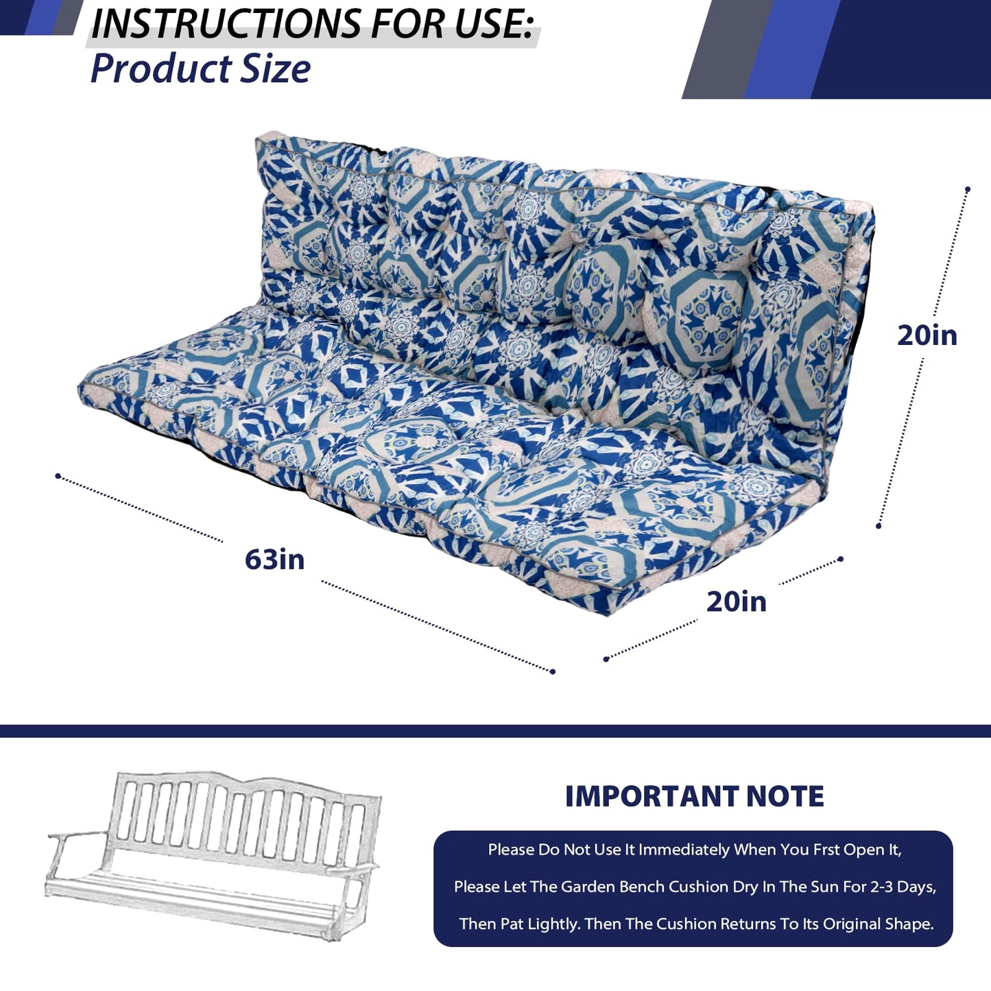 YQNUCO Outdoor Swing Cushions, Waterproof Porch Swing Cushions 3 Seater Replacement with Backrest, 4" Thicken Bench Cushion with Ties for Backyard, Patio, Lawn and Garden (‌Blue Geometric‌, 63 inch)