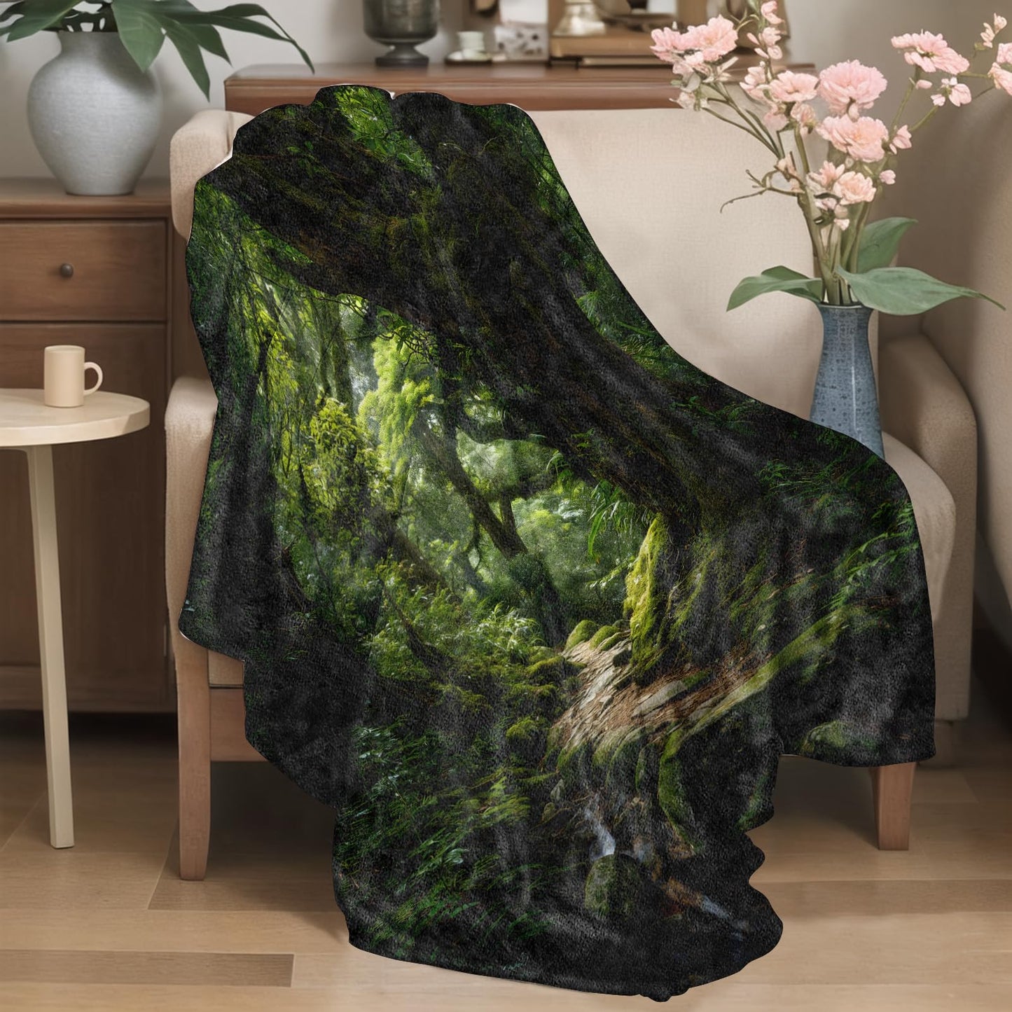 YCUFN Forest Path Flannel Blanket 50"x60" Moss Stone Tree and Stream Landscape Lightweight Throw Blankets Birthday for Nature Lovers Office Bedroom Sofa Travel Home Decorate