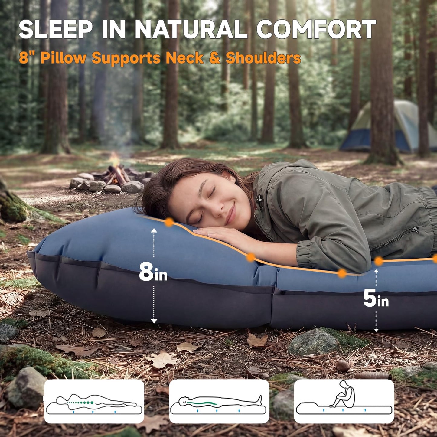 Aonhom Camping Sleeping Pad, 5" Ultralight Inflatable Sleeping Mat with Pillow, Built-in Foot Pump Inflatable Sleeping Pads Compact for Camping Backpacking Hiking Traveling Tent