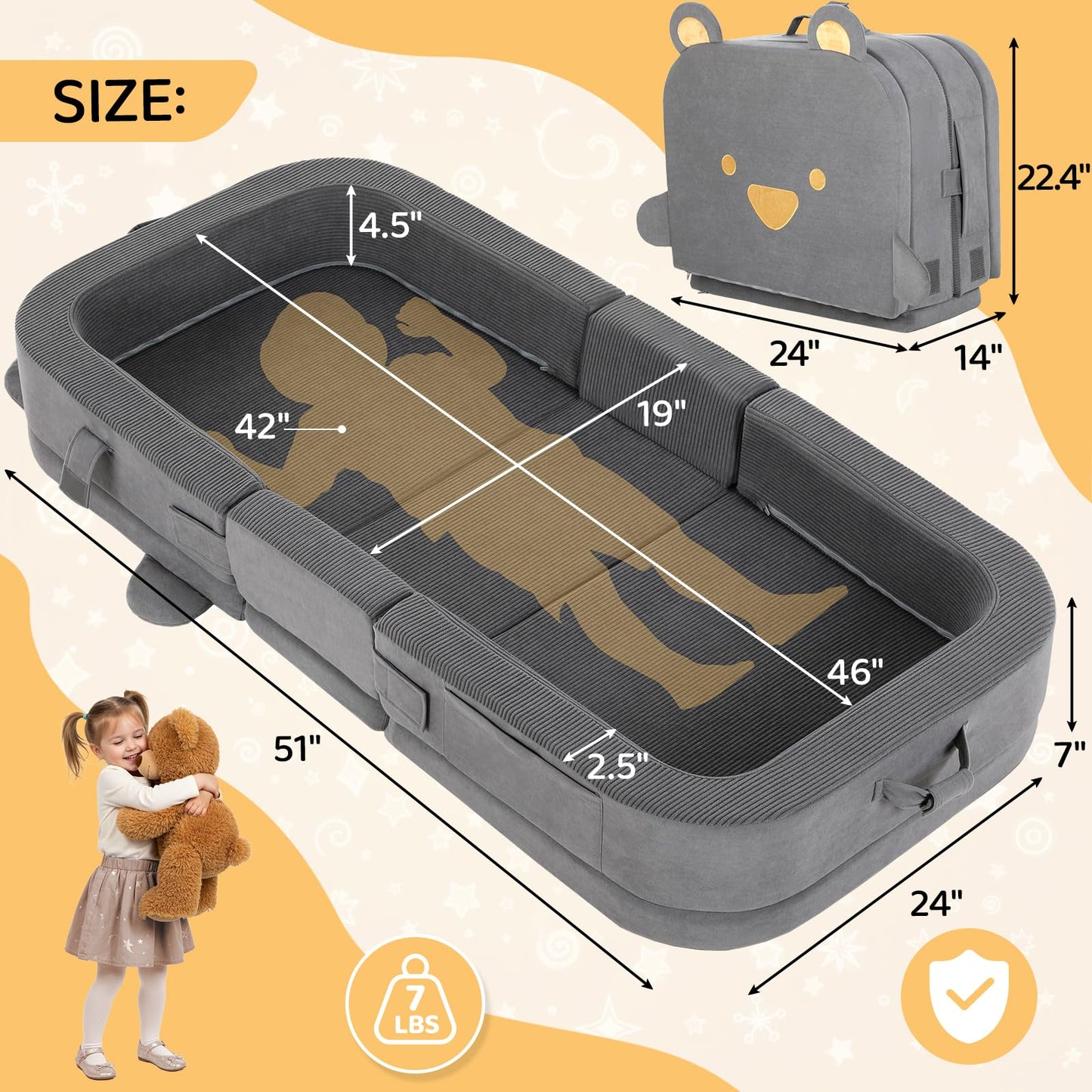 MAMIZO Toddler Travel Bed, Portable Toddler Bed with High Density Foam for Baby and Kids, Washable Cover Travel Crib with Safety Rail for Home, Hotel, Family Visits and Camping, DreamyBear