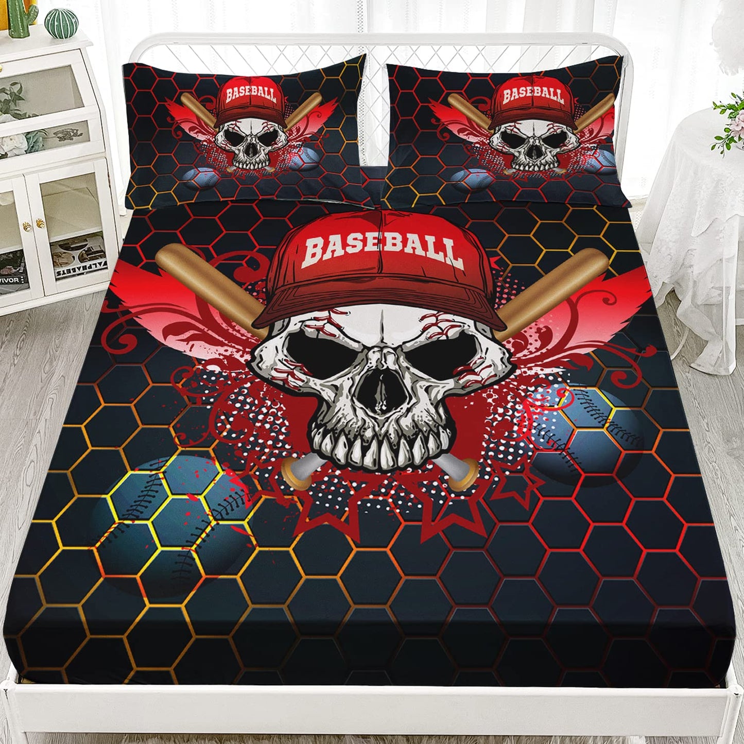HOSIMA Black Baseball Bedding Set,Boys Sports Cool 3D Print Designs Gothic Skull Fitted Sheet, Sports Bedspread Bedroom Collection 3Pcs with 2 Pillowcases,Cool Baseball Twin Sheets for Girls Boys.