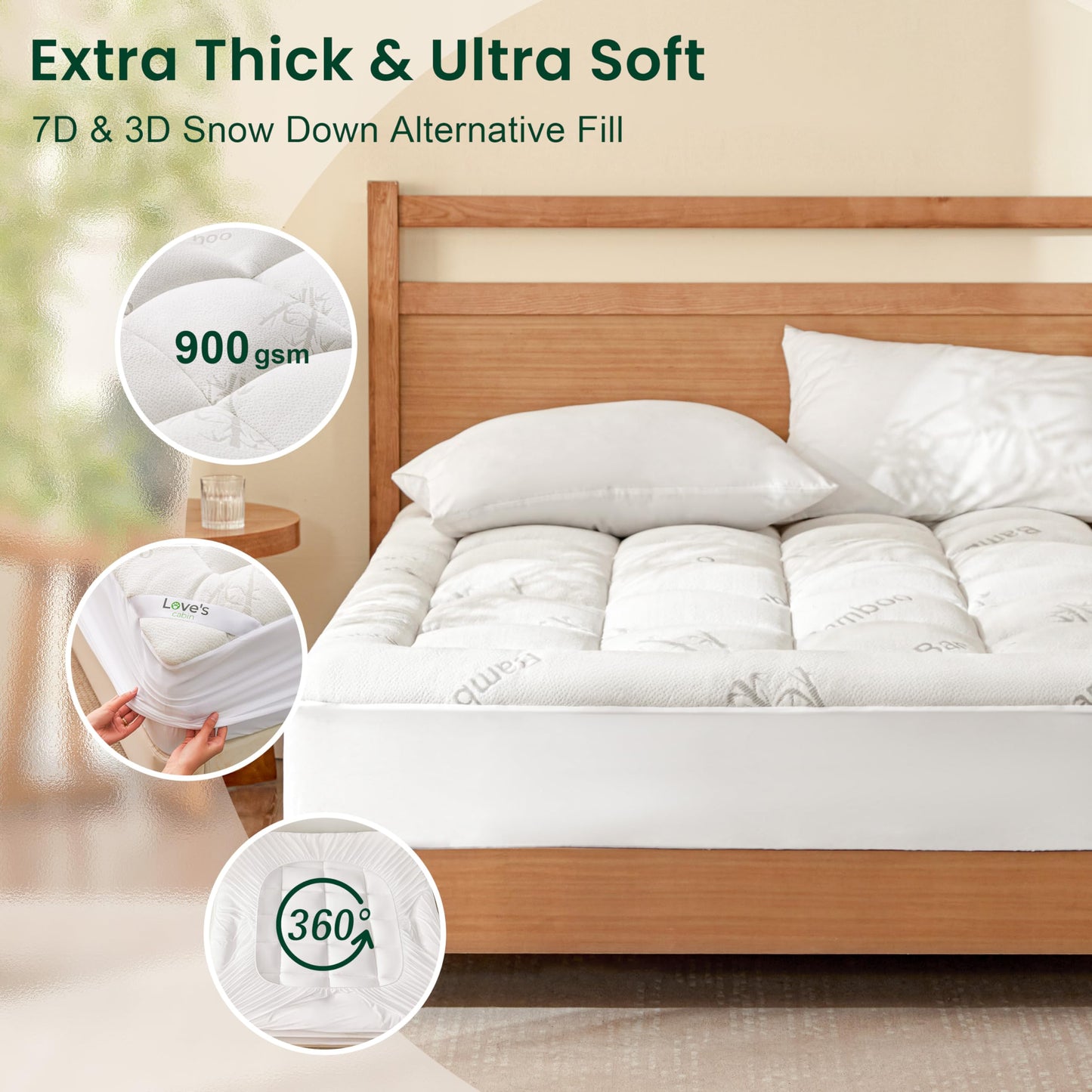 Love's cabin King Mattress Topper Viscose Derived from Bamboo, Thick Pillow Top Mattress Pad with Stretchable Pockets for 8"-20" Mattress, Soft Breathable Cooling Mattress Topper for Hot Sleepers