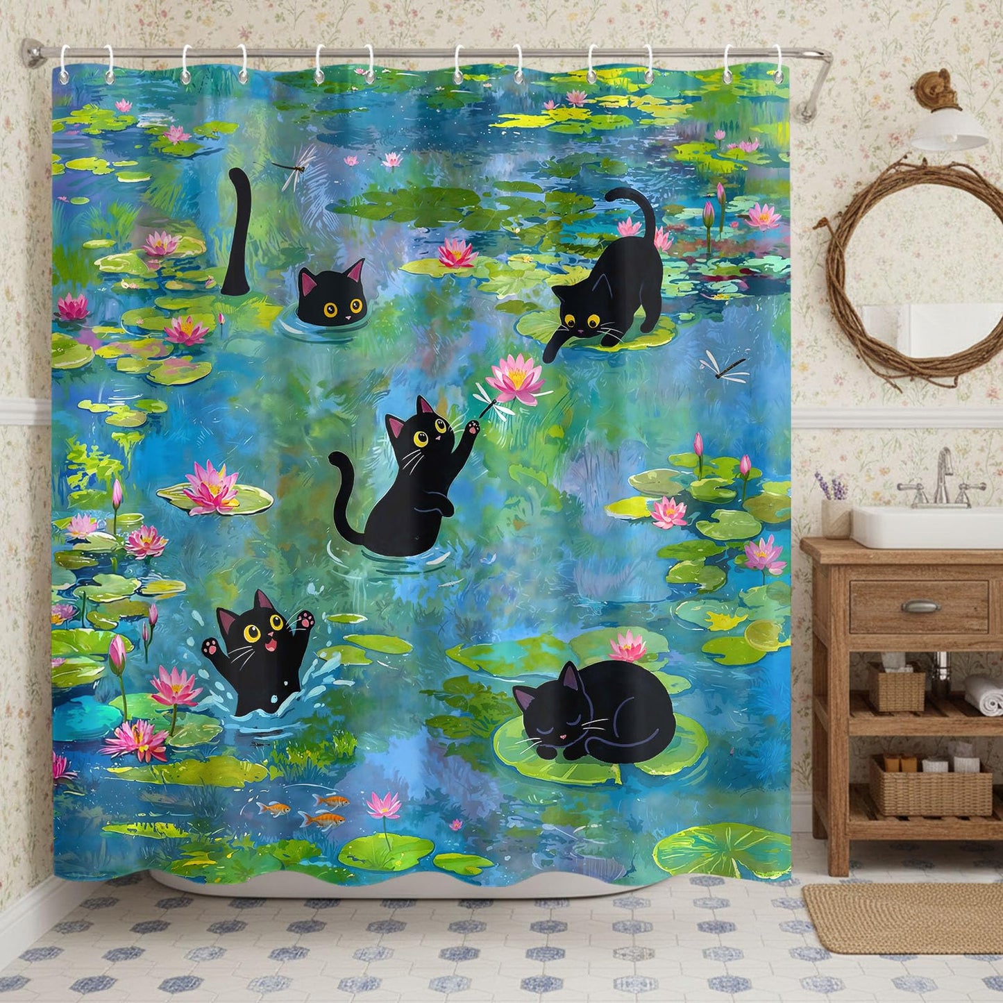 Haibimen Funny Black Cats Shower Curtain Sest Lily Pond Shower Curtain for Bathroom Waterproof Cute Cartoon Flower Nature Bathroom Decor Polyester Fabric 72 x 72 inch with Hooks (Green 1)
