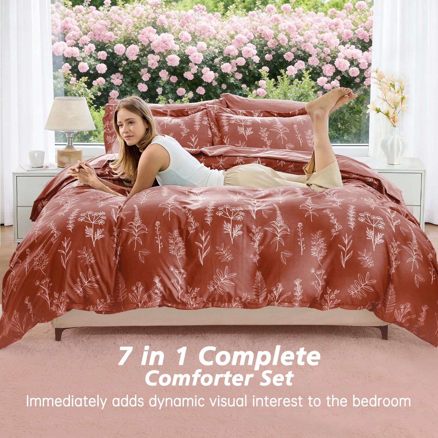 MUXHOMO Terracotta Bed in a Bag Queen 7 Pieces, Queen Comforter Set Reversible Botanical Flowers Design, Ultra Soft & Breathable Bedding Sets with Comforter, Sheets, Pillowcases & Shams