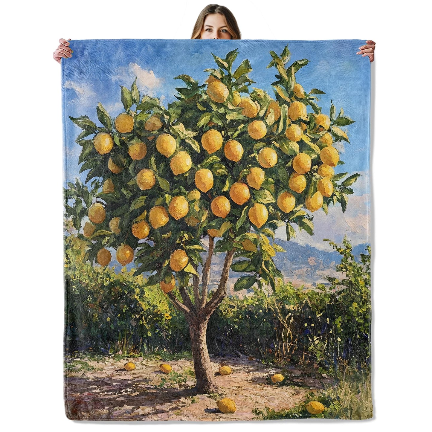 SIUKUS Fresh Lemon Tree Flannel Throw Blanket for Picnic Bedroom Kitchen,Yellow Fruit and Blue Sky Decorative Blankets,Soft Lightweight Throws,Thoughtful Gifts for Kids Nature Lovers,50x60 Inch