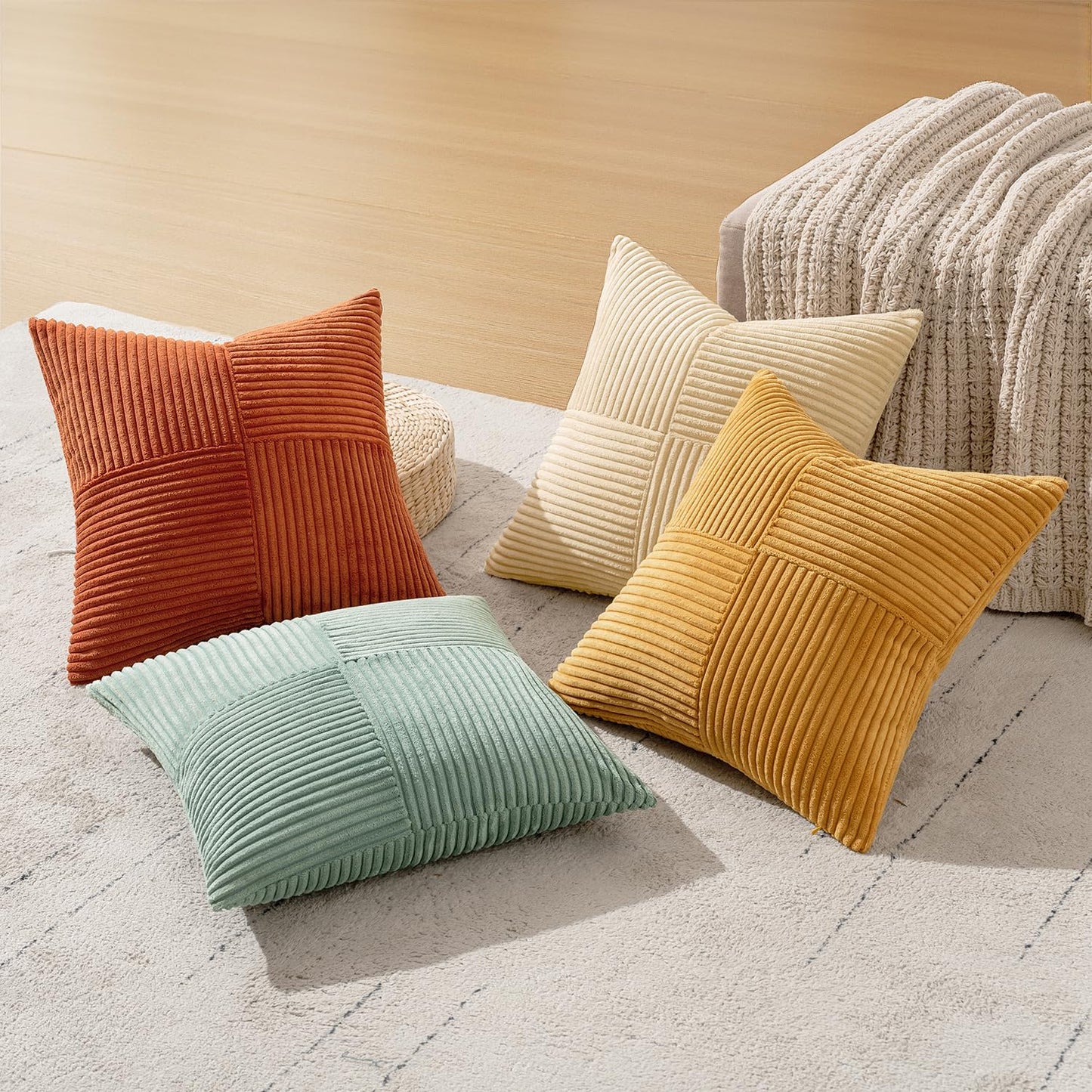 MIULEE Teal Orange Decorative Throw Pillow Covers 18x18 Inch Set of 4 Boho Corduroy Striped Cushion Cases Modern Farmhouse Patchwork Pillow Cases for Couch Sofa Bedroom Home Decor