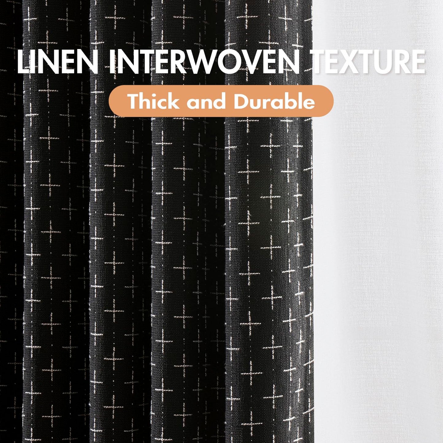 MIULEE 100% Blackout Decorative Linen Curtains with Geometric Pattern, Thick Woven Farmhouse Rustic Patterned Drapes with Back Tab for Bedroom and Living Room, Black, 52 x 84 Inches, 2 Panels