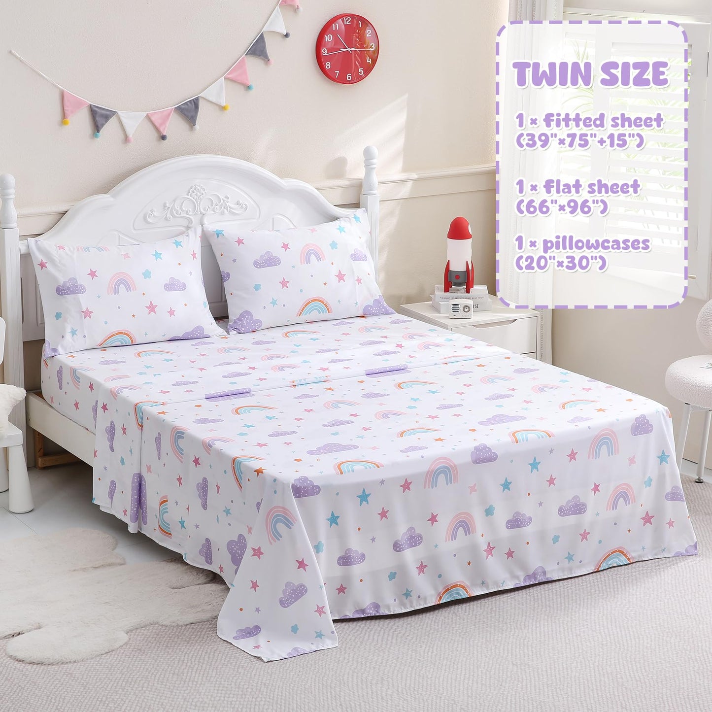 Ocharo Twin Size Rainbow Sheets Set for Girls-Kids 3 Pieces Rainbow Twin Bed Sheets - Deep Pocket Wrinkle Free,Breathable Stars Printed Bedding Sets for Toddlers,Purple Pink