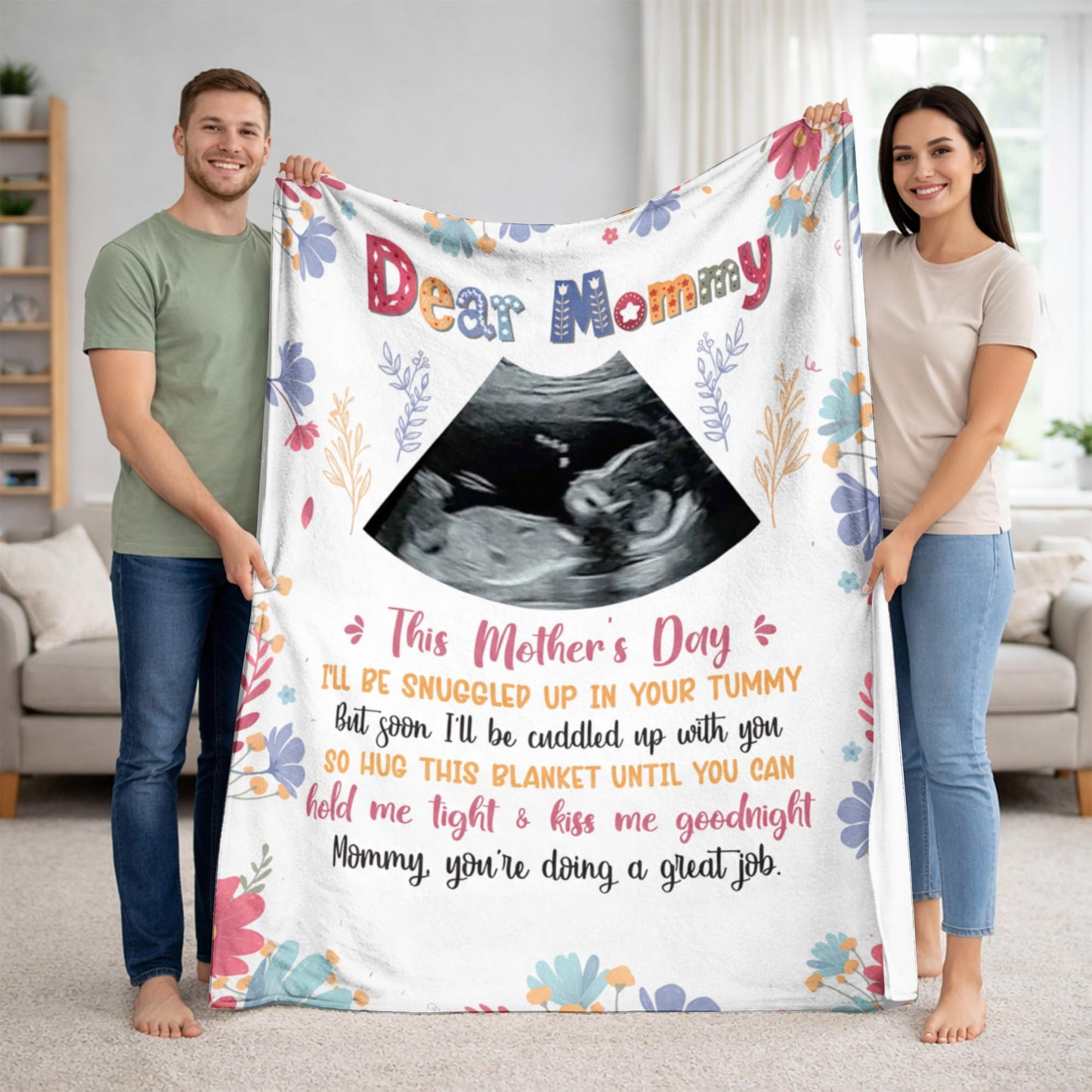 KiKiLuna Personalized Ultrasound Photo Dear Mommy Blanket, First for Expecting Mom, Flannel Throw Gift for Pregnant Women, Pregnancy Announcement Baby Bump Tummy Snuggle Quote