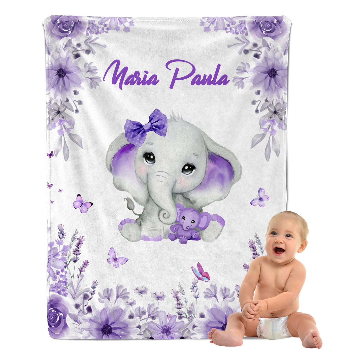 MAIWELL Personalized Baby Blanket with Name, Custom Elephant Kids Name Blankets for Girls, Receiving Blankets for Newborn Blanket, Customized Baby Shower Christmas Birthday Gifts