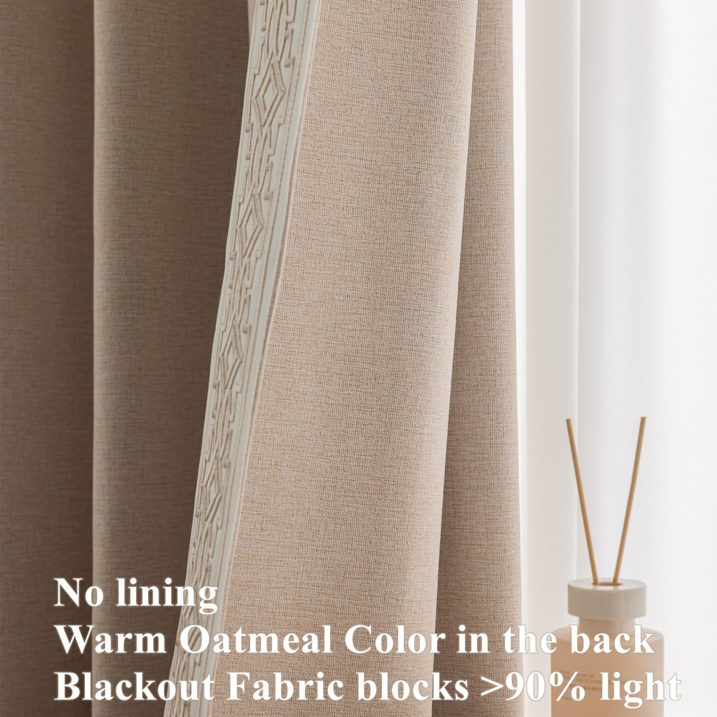 VisionaryHomeDesign Blackout Pinch Pleat Curtains with Embroidery Trim -Soft Beige Linen Blend Curtains for Living Room or Bedroom (50" W x 108" L)