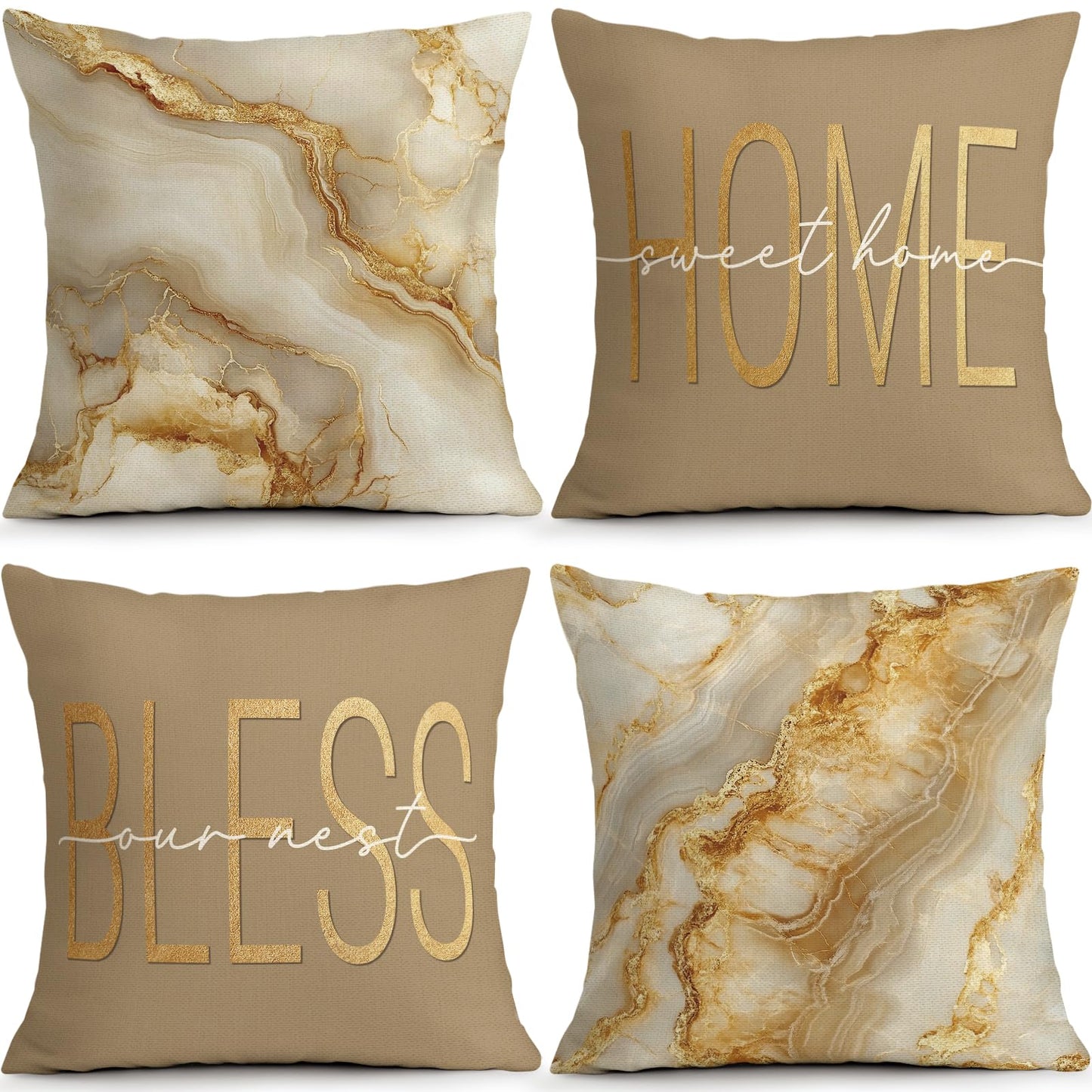ORMAN Beige Gold 18x18 Marble Pillows Covers Set of 4 Decorative Pillowcase Cushion Cover for Car Sofa Bedroom