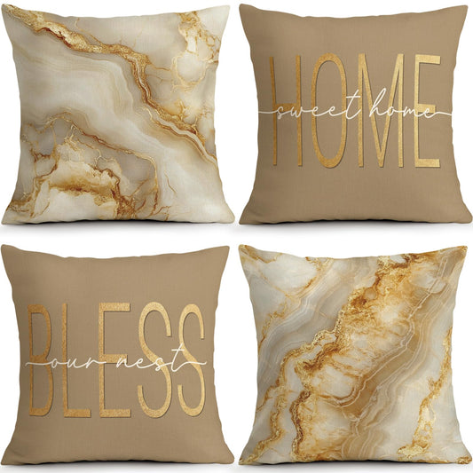 ORMAN Beige Gold 18x18 Marble Pillows Covers Set of 4 Decorative Pillowcase Cushion Cover for Car Sofa Bedroom