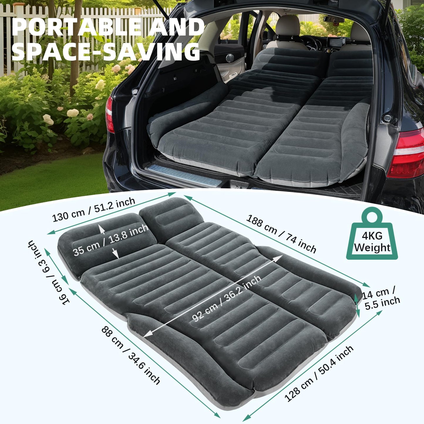 KMZ SUV Air Mattress Double Sided Thickened Flocking Car Bed – Portable Inflatable Mattress Pad for Camping & Travel with 2 Pillows & Electric Pump (Green+Light Gray)