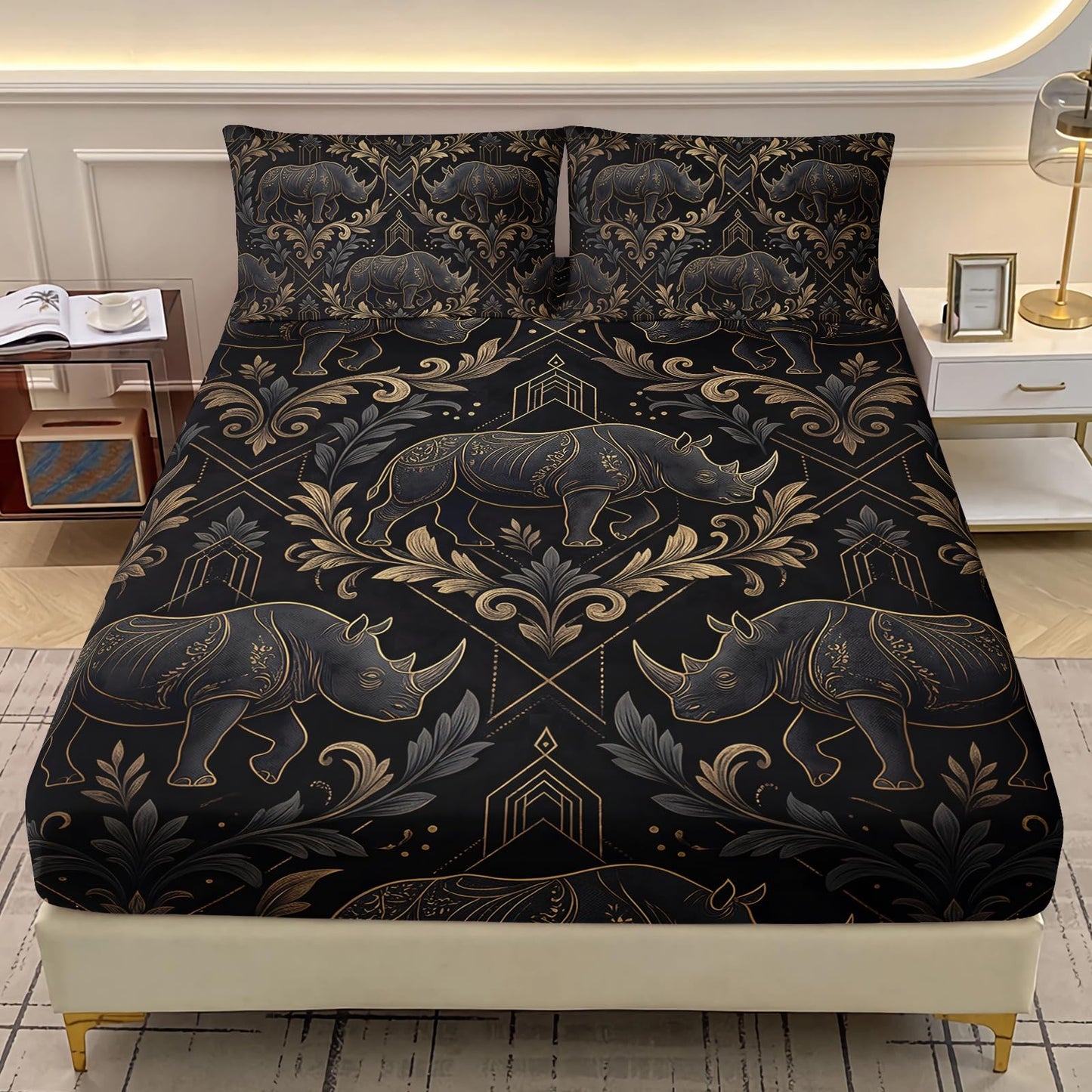 AILONEN Elephant Scroll Twin XL Fitted Sheet Set, Charcoal Ornate Printed Bedding with 2 Pillowcases, 16 Inch Pocket, Student Apartment Bedroom