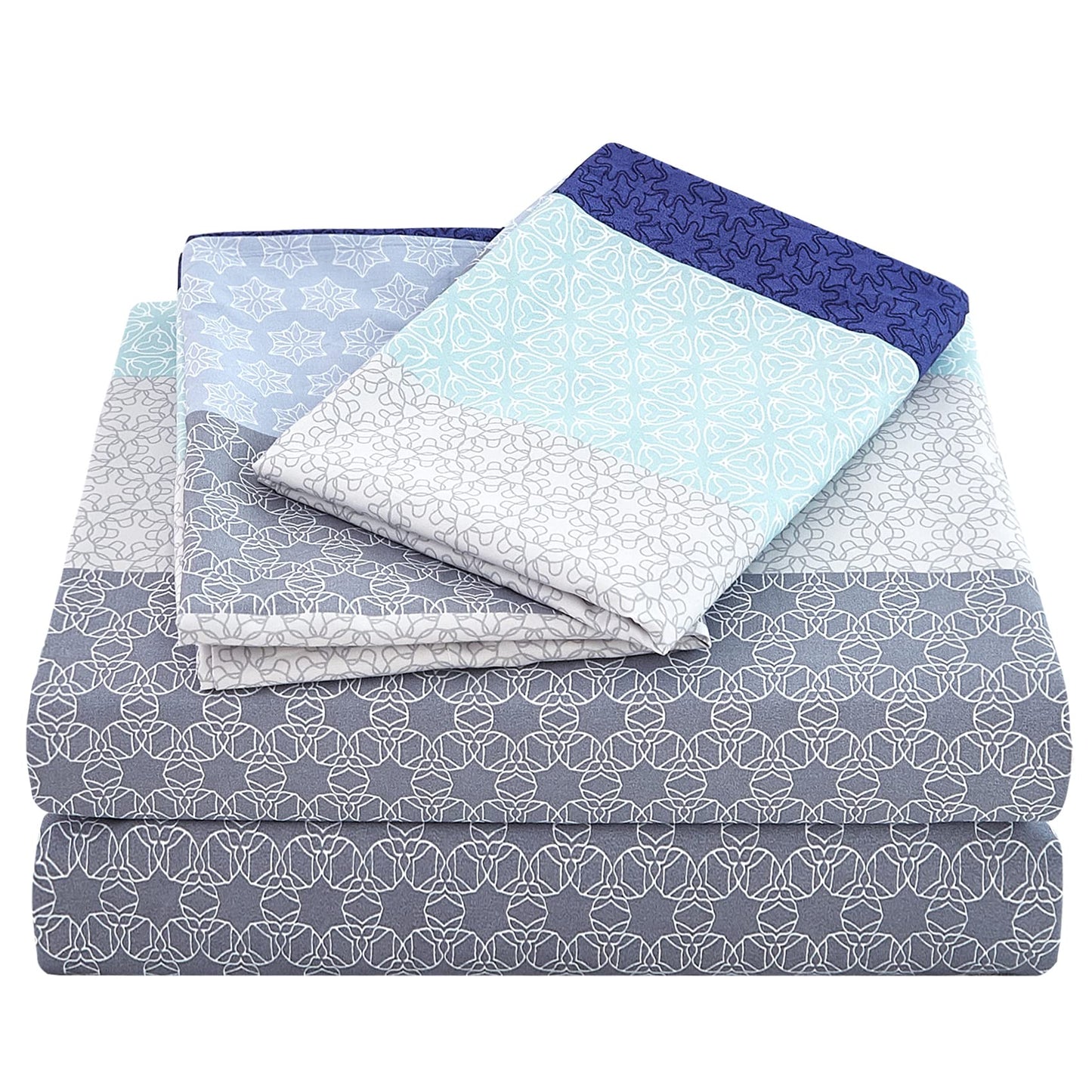 JSD Blue Striped Sheet Set Queen Size, 4 Piece Soft Printed Microfiber Sheet Set Extra Deep Pocket