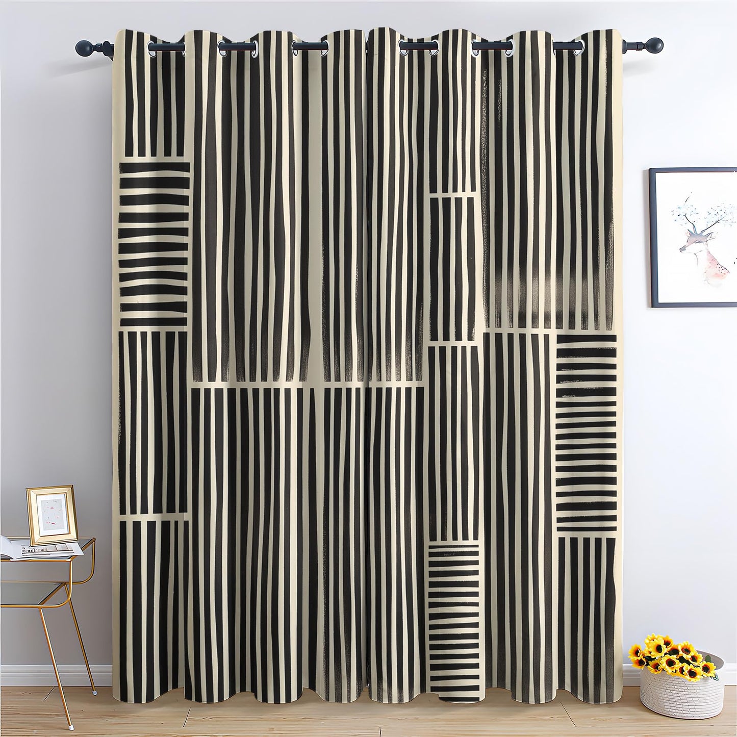 Fizzenobia Striped Curtains Blackout, Thermal Insulated Room Darkening Grommet Drapes for Bedroom & Living Room, Black and Beige Stripe Window Curtains & Home Decor, 54 Inch Drapes 2 Panel Set