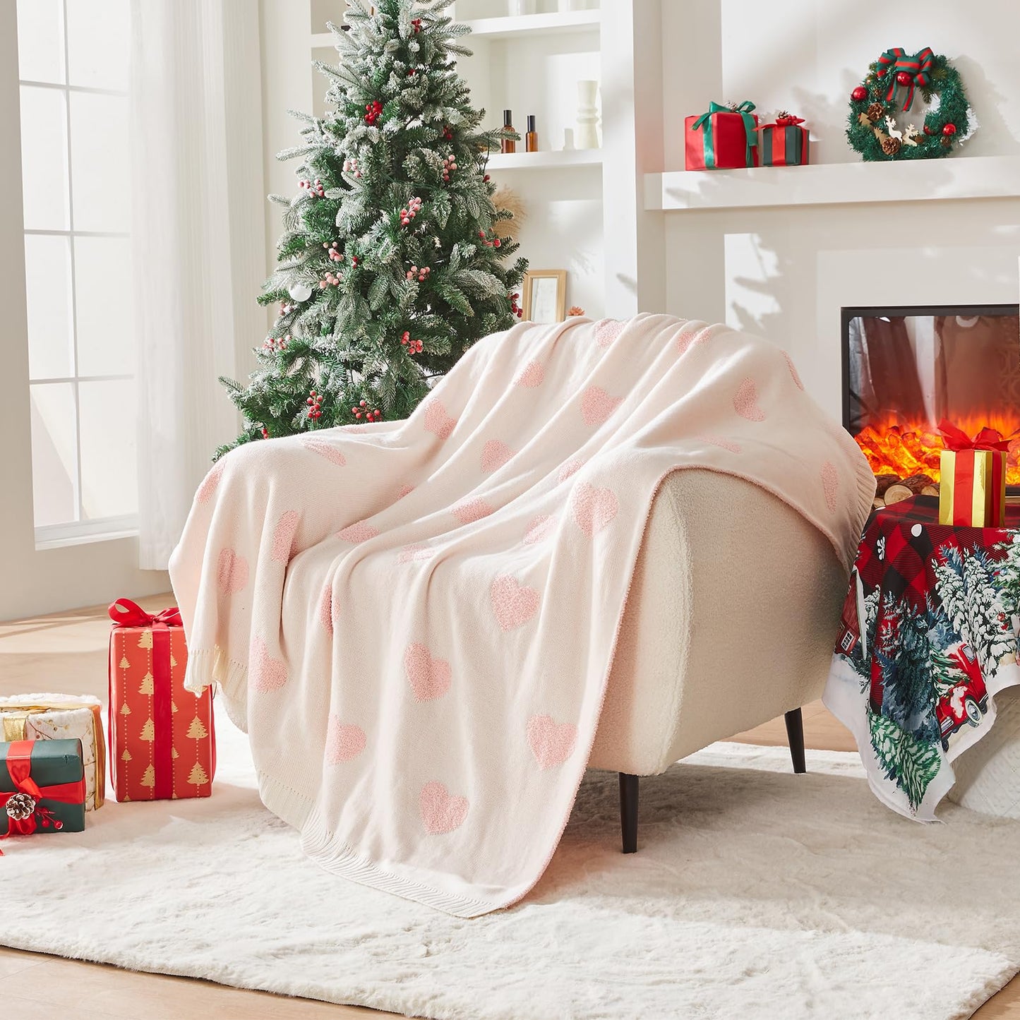 Douceur Love Heart Throw Blanket, Ultra Soft Pink Fluffy Valentine’s Day Blanket, Reversible Cozy Decorative Blanket for Bed Couch Sofa, Super Soft Indoor Living Room Plush Throws, 50"X60"
